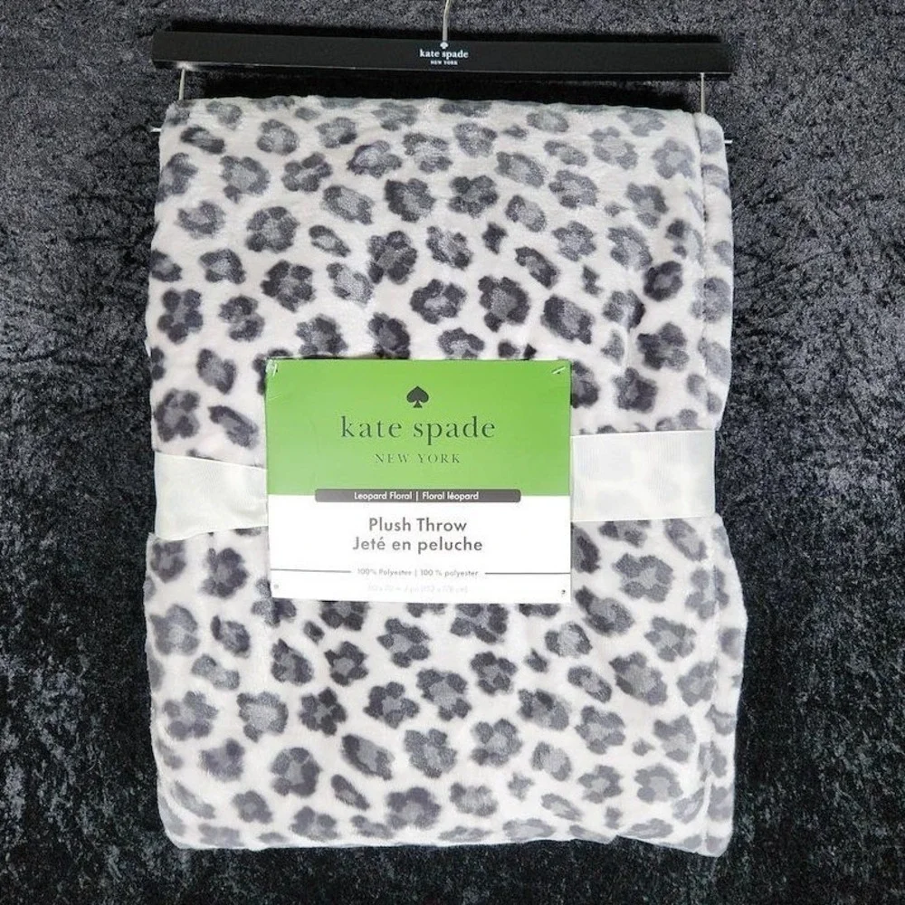 Kate Spade New York Leopard Floral Plush Throw Blanket Grey White 60x70 NEW